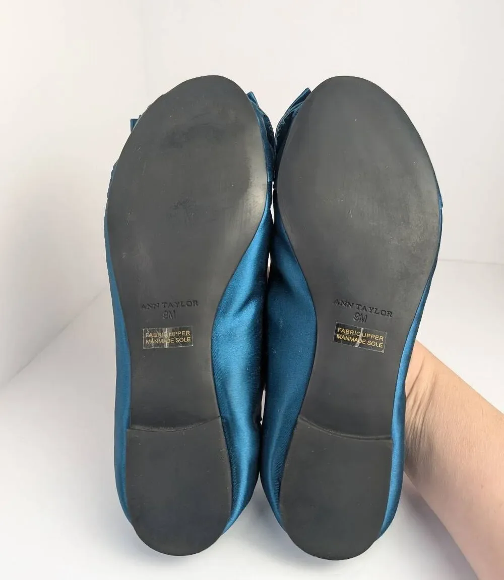 Ann Taylor Peacock Teal Blue satin bow ballet flats womens 9